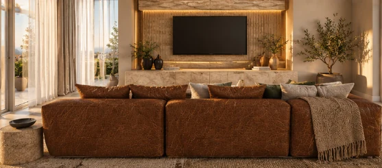 Forbes Reef lounge with warm timber, stone and layered neutral seating