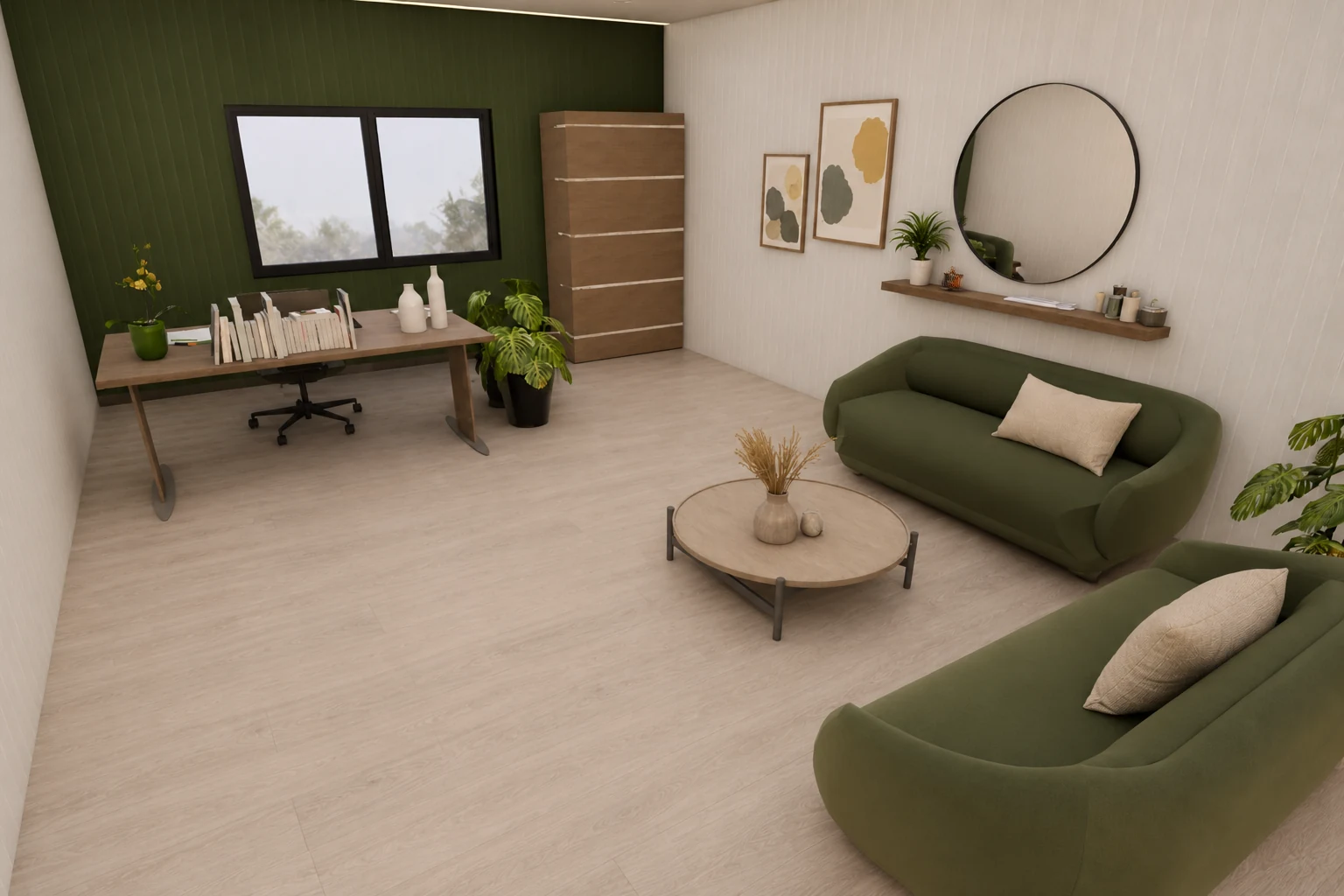 An office interior with olive seating, a desk and botanical artwork